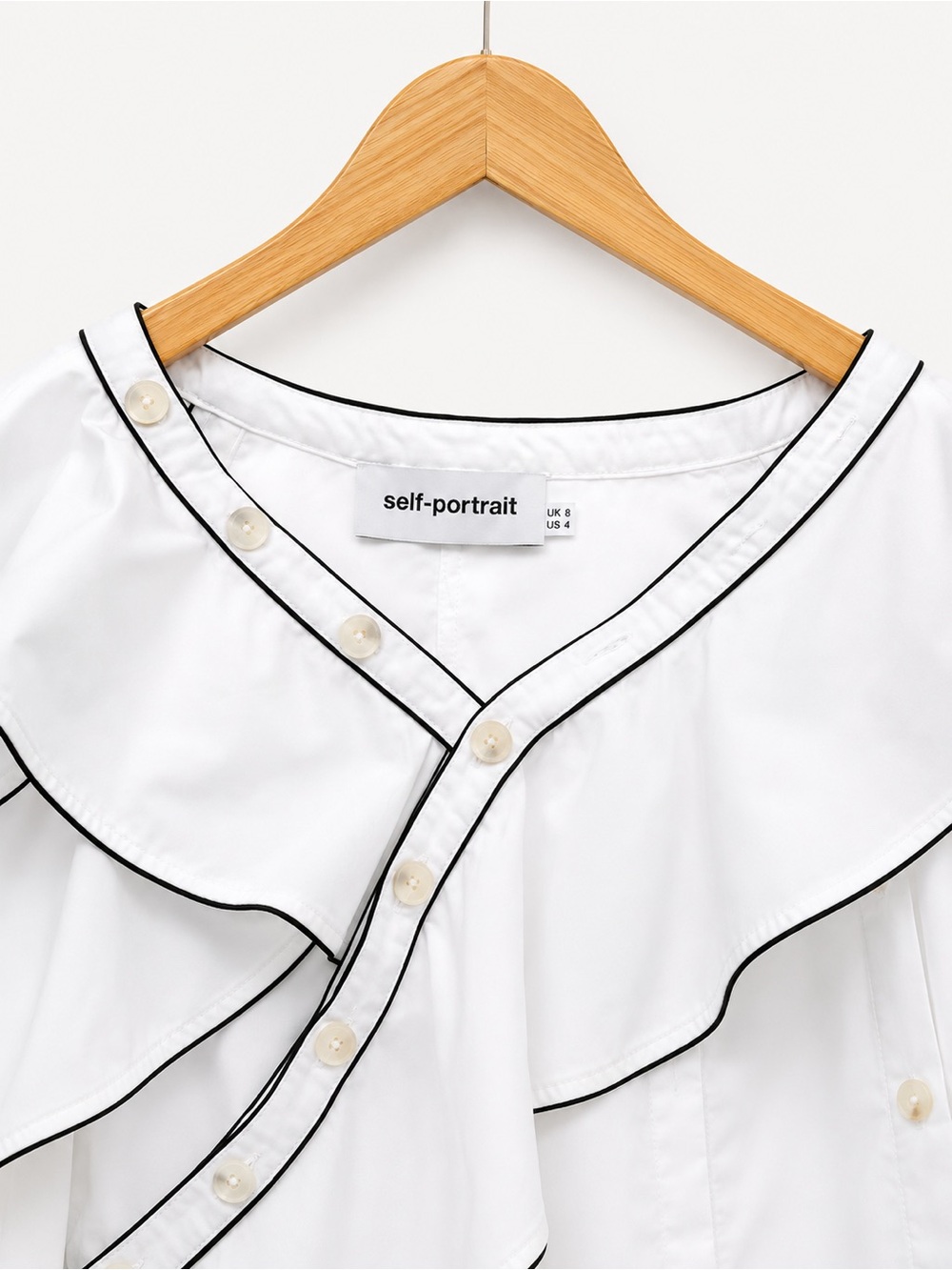 Self-Portrait White Button-Down Ruffle Shirt with Black Trim - Picture 4 of 10